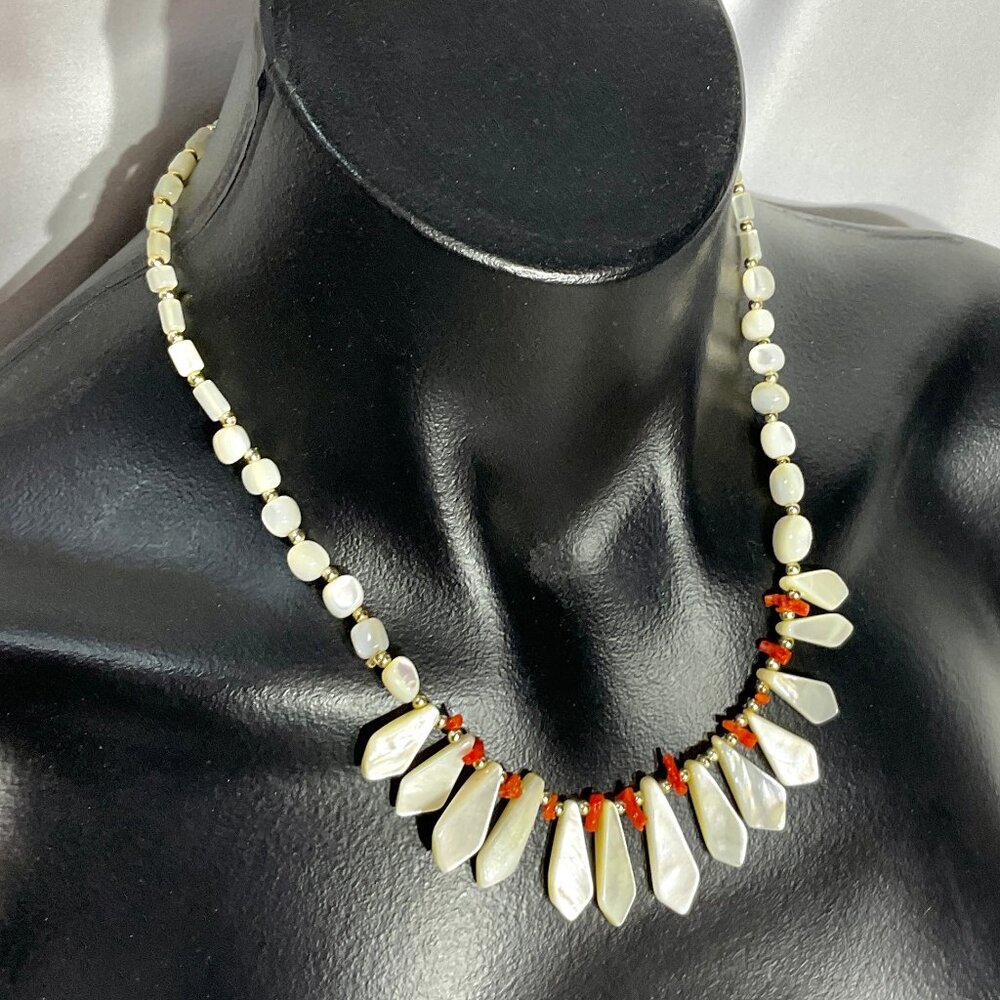 White Shell-like Material Beads with Gold Tone & Coral Color Beads 18 1/2"